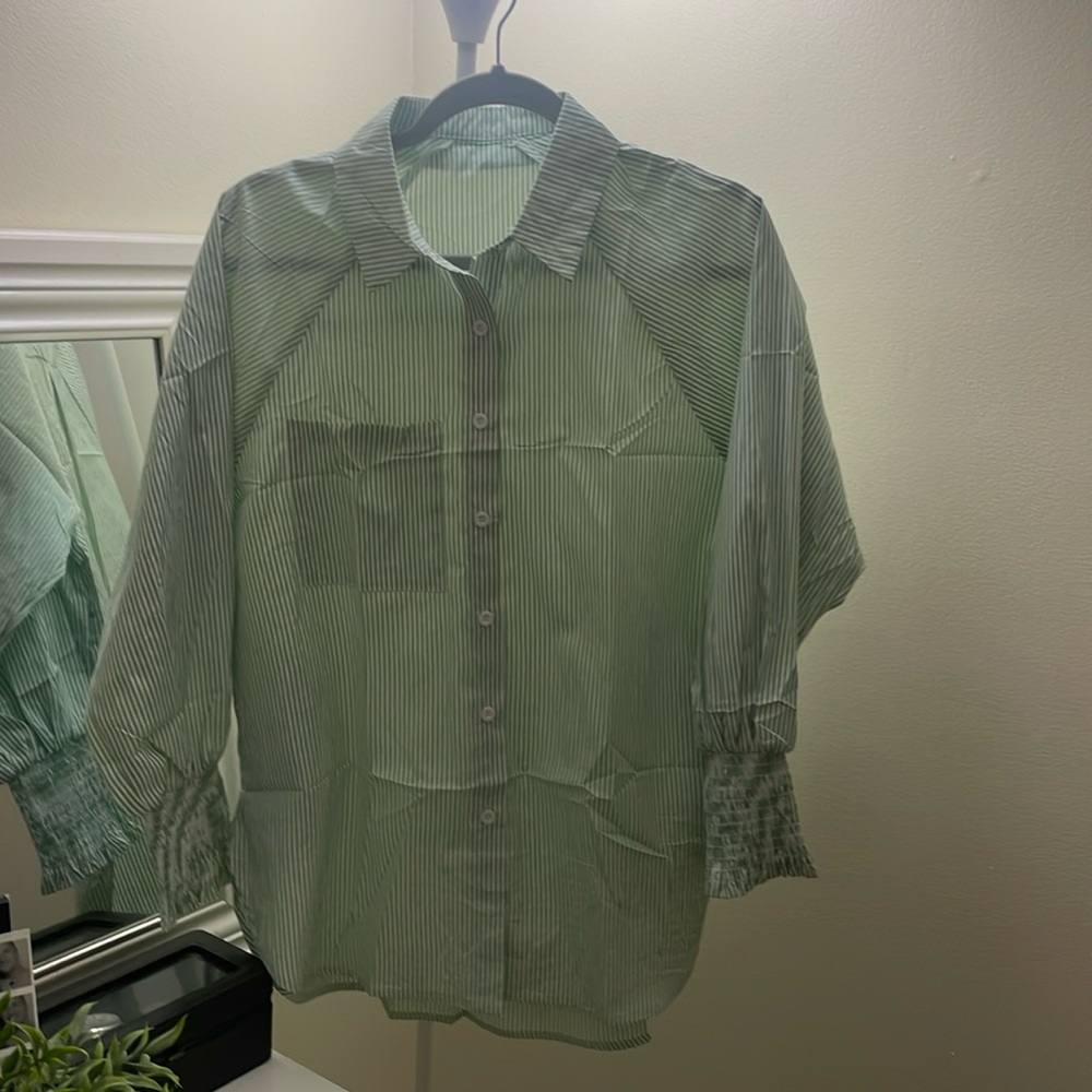 Amazon Green & White Striped Button Down